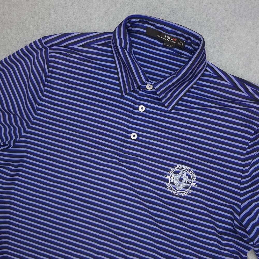 RLX Ralph Lauren Polo Shirt Mens Medium Blue Stripe U.S. Senior Open‎ Golf 2013